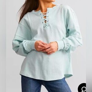 BKE Raw Edge Waffle Knit Long Sleeve Top